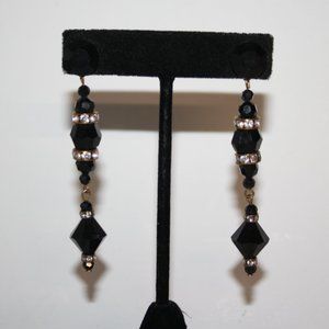 Vintage Beautiful black, gold and rhinestone dangle earrings 2.75"